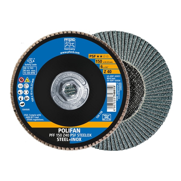 Pferd 6" x 5/8-11 Thd. POLIFAN Flap Disc - Z PSF STEELOX, Zirconia, 40 Grit, Flat 63056 - main